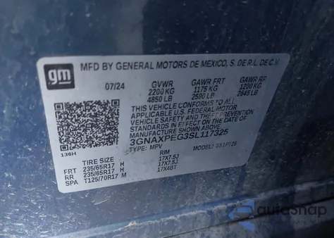 2025 Chevrolet Equinox Awd Lt из США, поврежденный, VIN 3GNAXPEG3SL117325